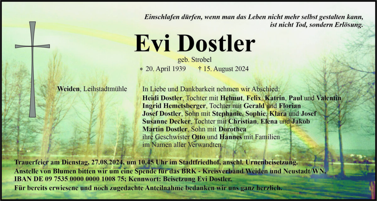 Traueranzeige Evi Dostler, Weiden