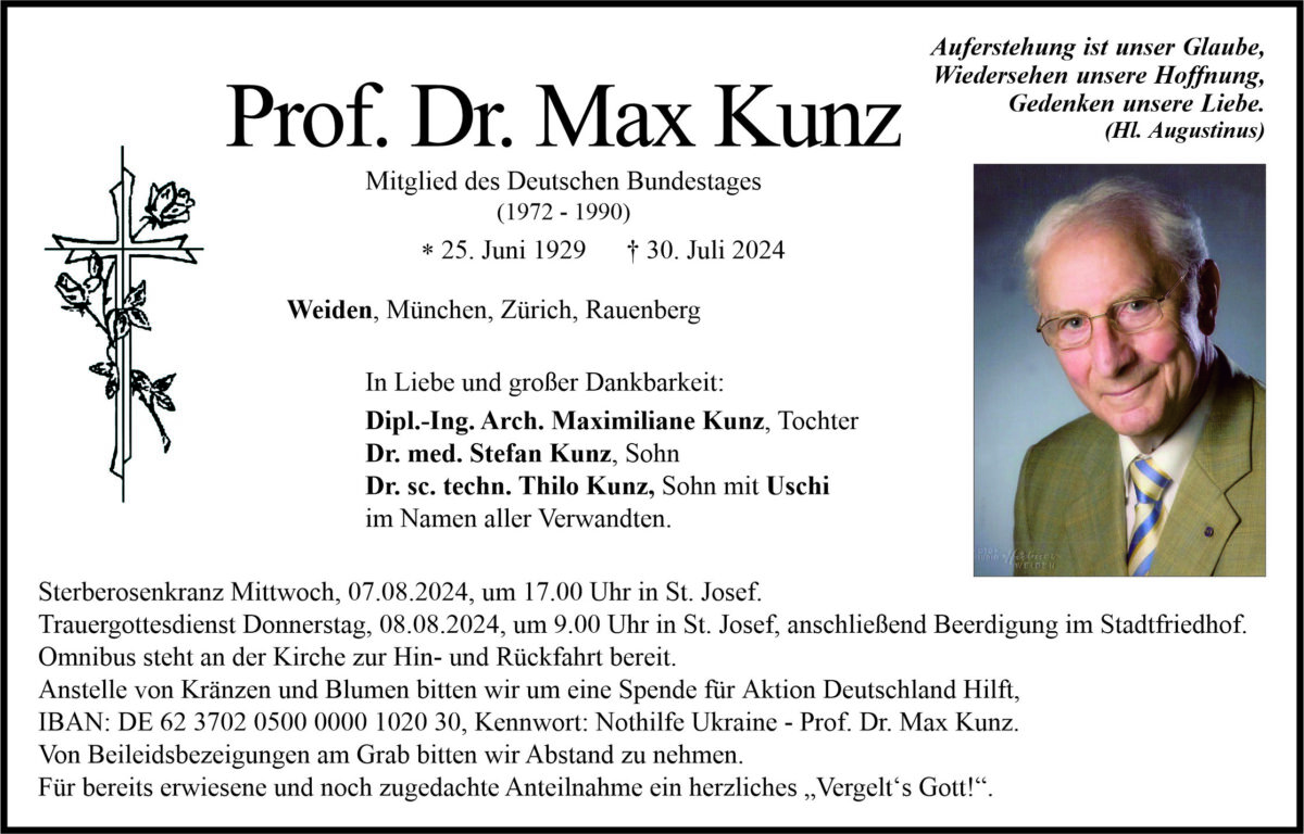 Traueranzeige Max Kunz, Weiden