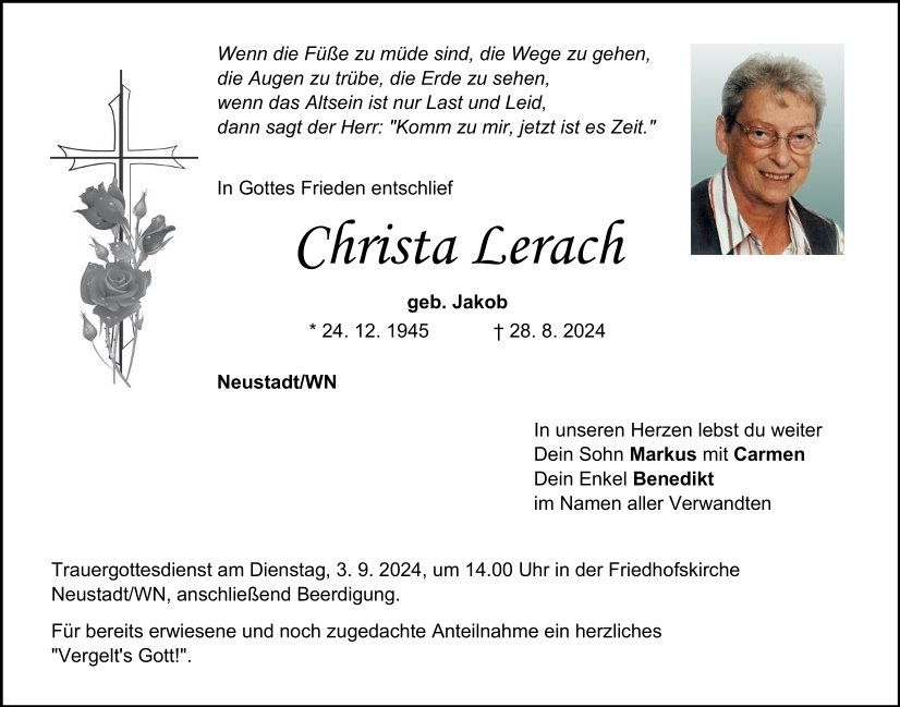 Traueranzeige Christa Lerach, Neustadt