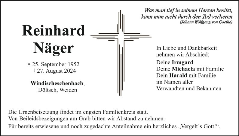 Traueranzeige Reinhard Näger, Windischeschenbach