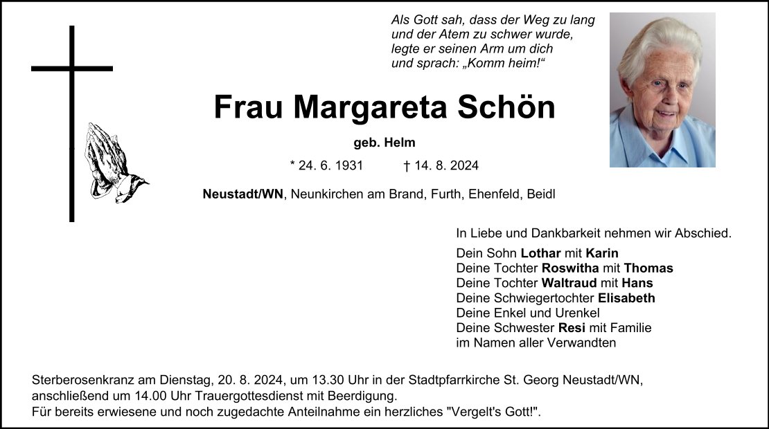 Traueranzeige Margareta Schön, Neustadt/WN