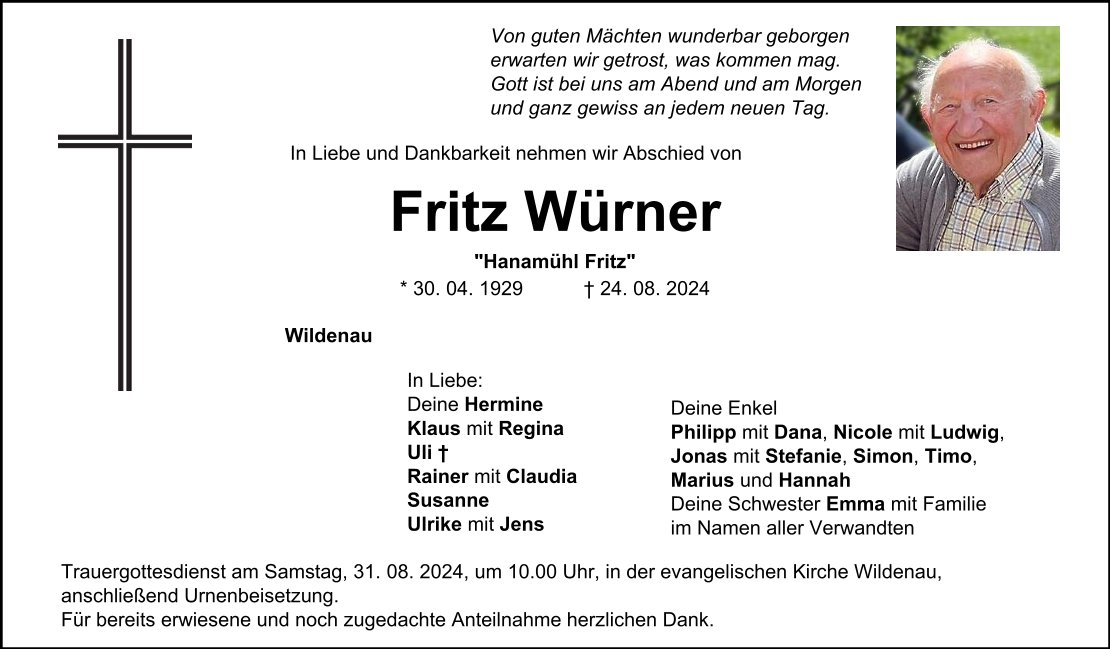 Traueranzeige Fritz Würner, Wildenau