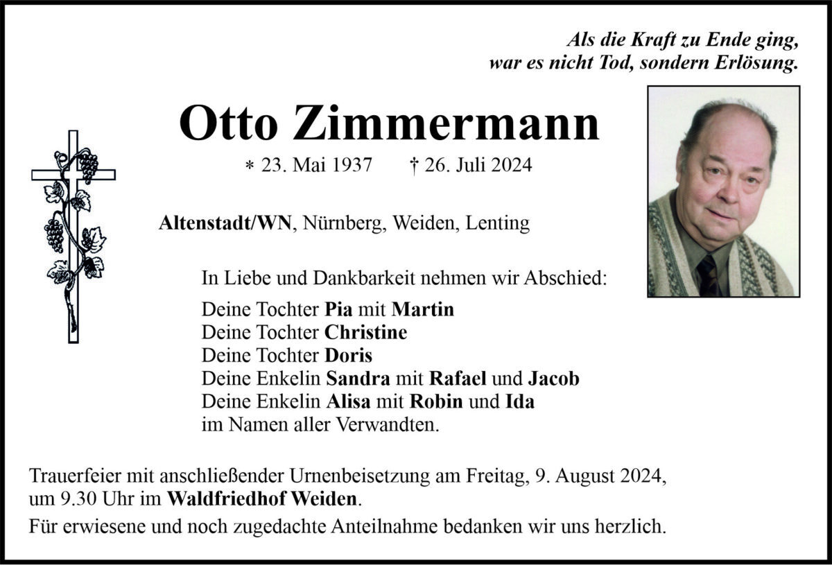 Traueranzeige Otto Zimmermann, Altenstadt/WN