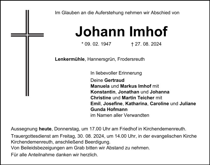 Traueranzeige Johann Imhof, Lenkermühle