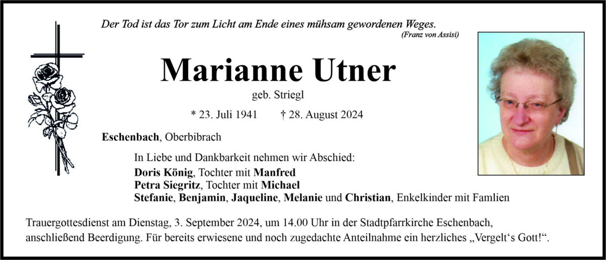 Traueranzeige Marianne Utner, Eschenbach
