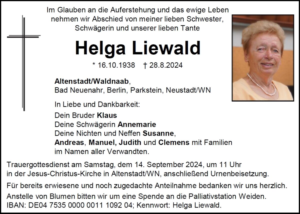 Traueranzeige Helga Liewald, Altenstadt/WN