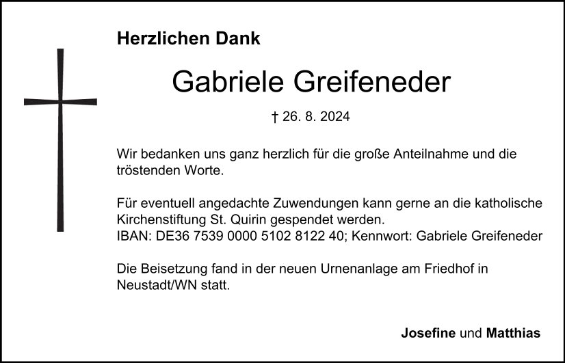 Danksagung Gabriele Greifeneder, Neustadt