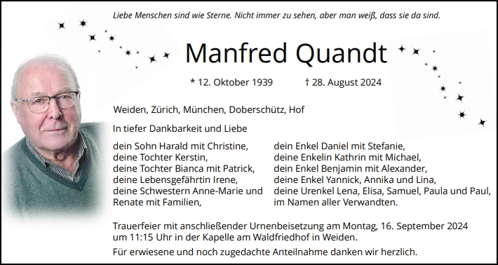 Traueranzeige Manfred Quandt, Weiden