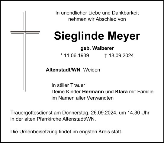 Traueranzeige Sieglinde Meyer, Altenstadt/WN