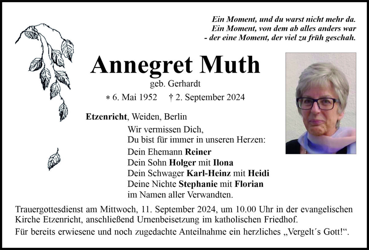 Traueranzeige Annegret Muth, Etzenricht