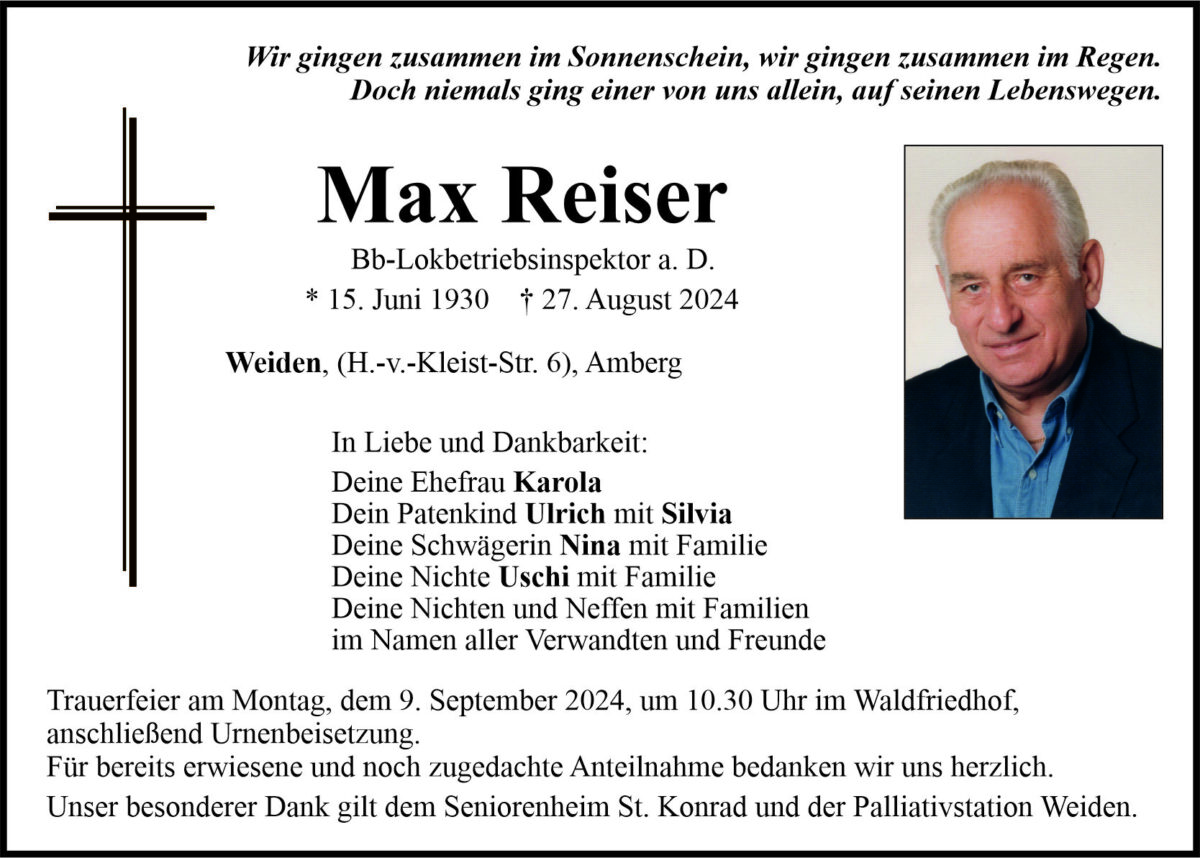 Traueranzeige Max Reiser, Weiden