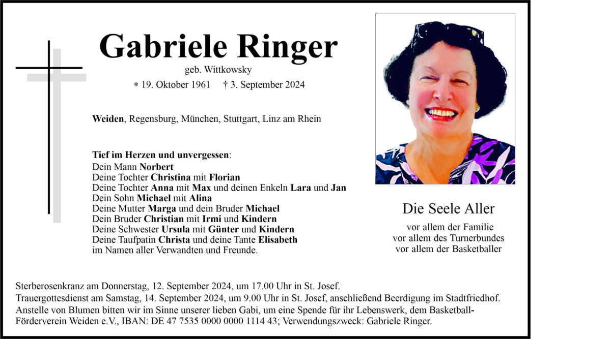 Traueranzeige Gabriele Ringer, Weiden