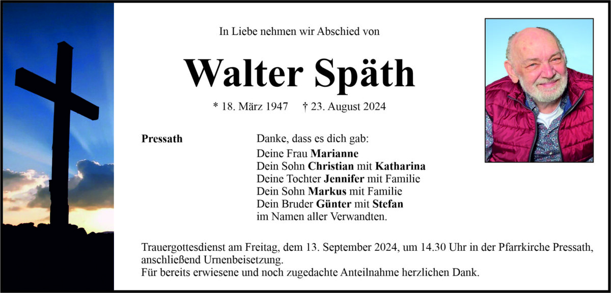 Traueranzeige Walter Späth, Pressath