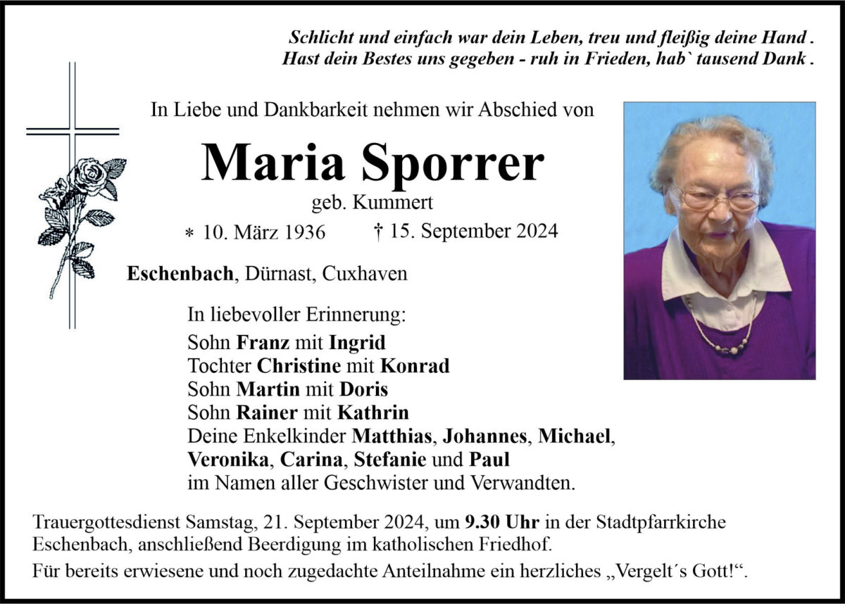 Traueranzeige Maria Sporrer, Eschenbach