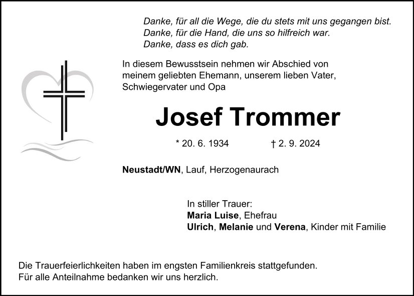 Traueranzeige Josef Trommer, Neustadt/WN