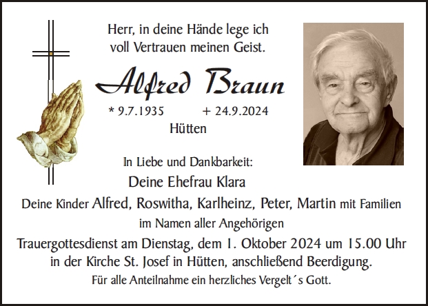 Traueranzeige Alfred Braun, Hütten