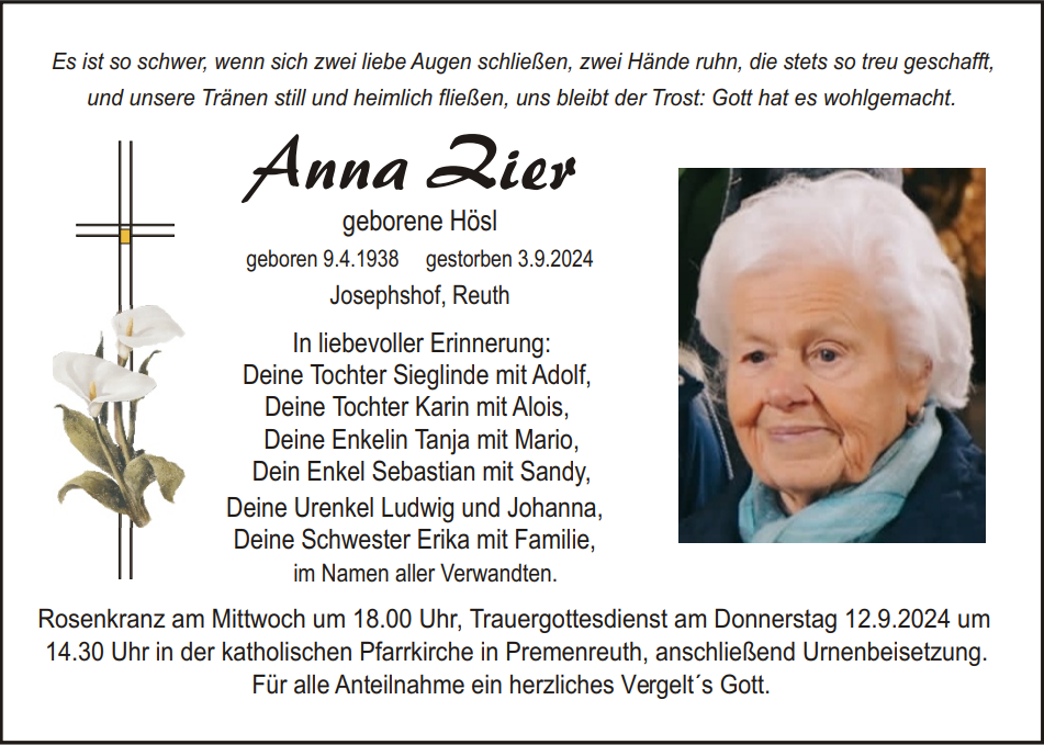 Traueranzeige Anna Zier, Reuth