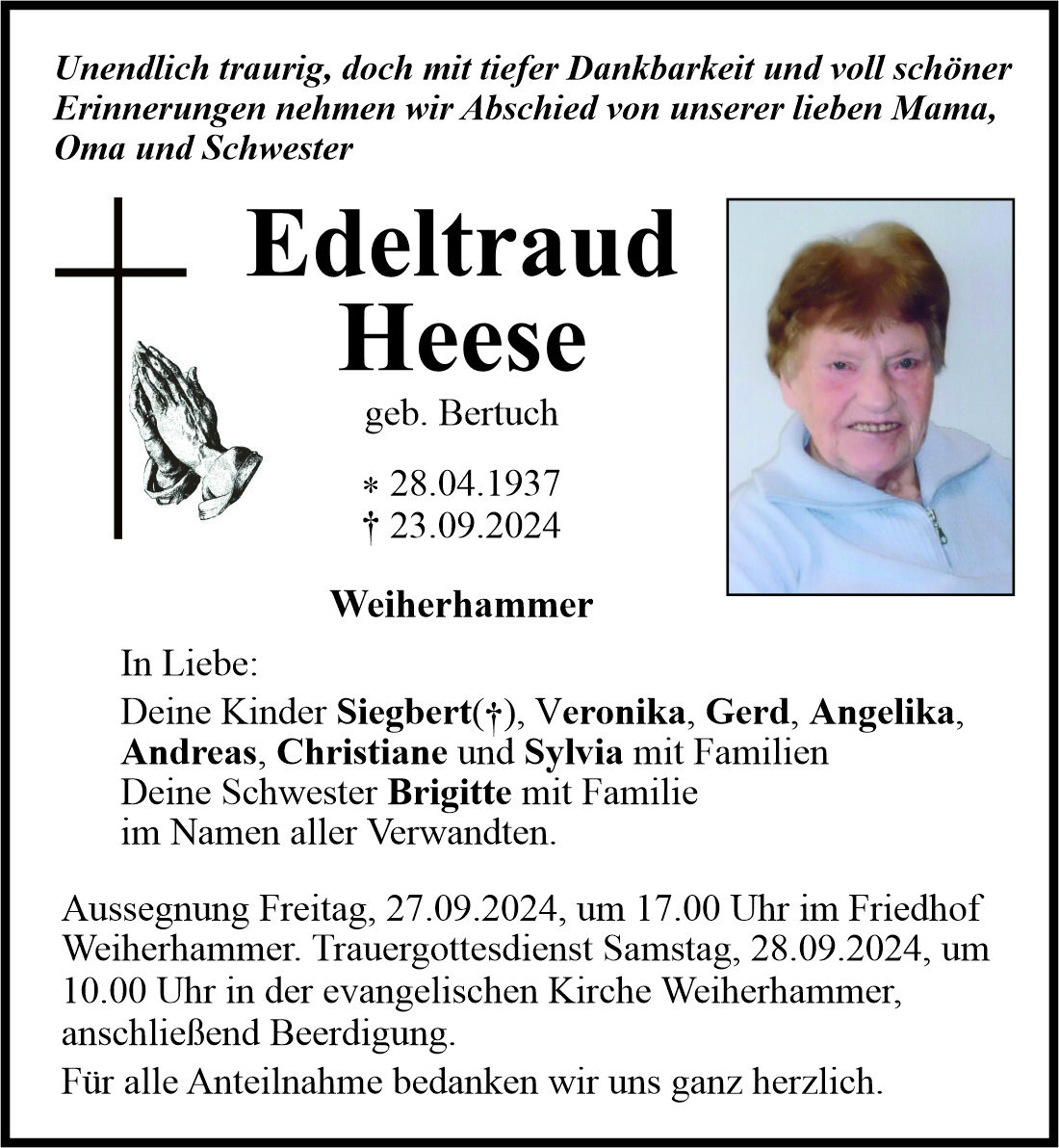 Traueranzeige Edeltraud Heese, Weiherhammer