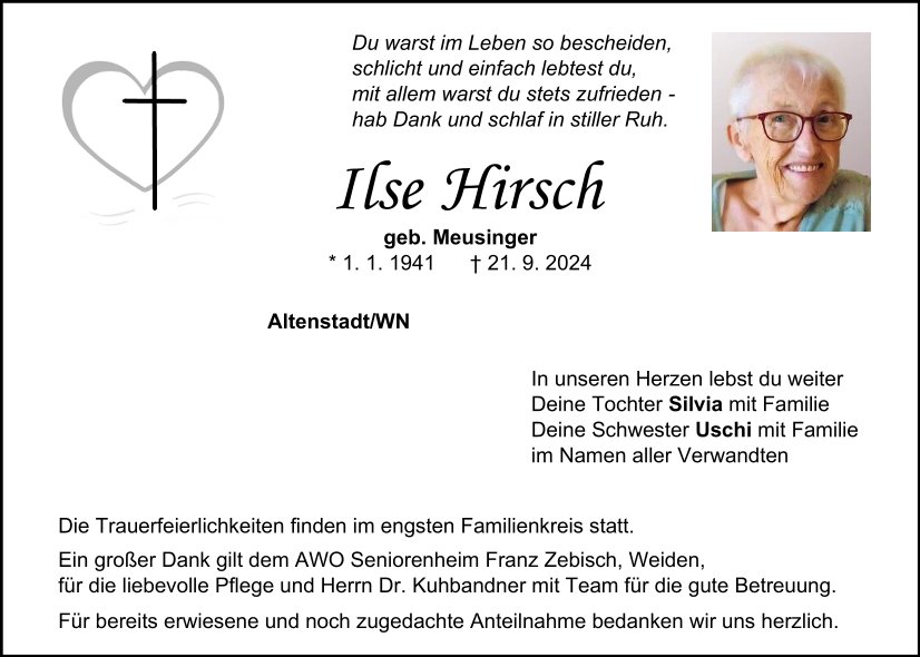 Traueranzeige Ilse Hirsch, Altenstadt/WN