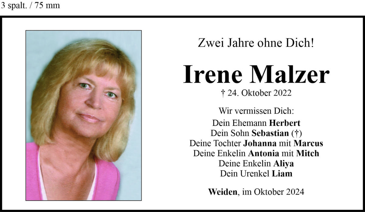 Gedenkanzeige Irene Malzer, Weiden