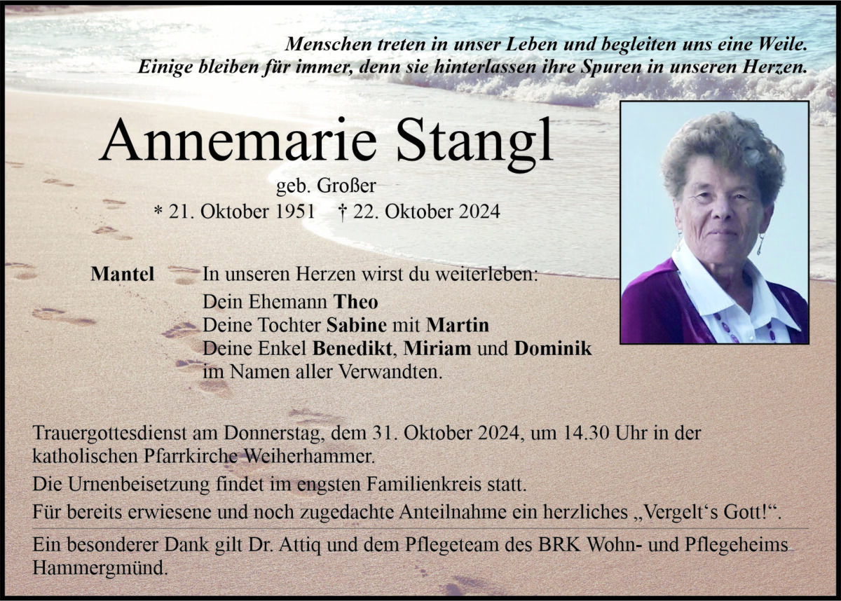 Traueranzeige Annemarie Stangl, Mantel