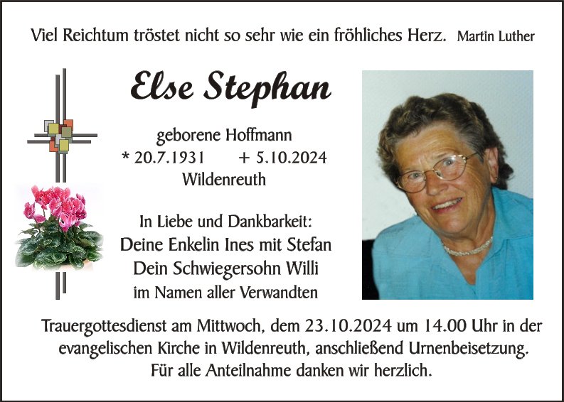Traueranzeige Else Stephan, Wildenreuth