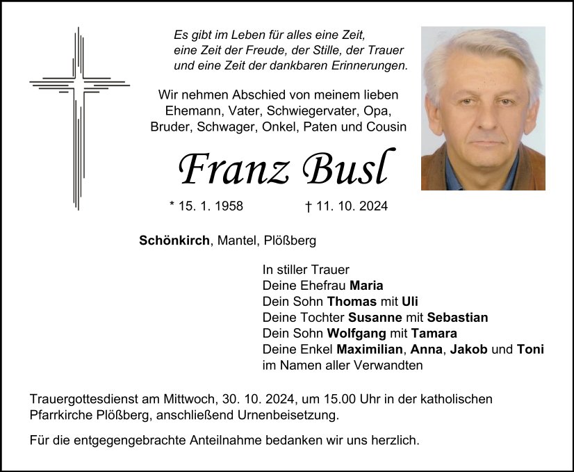 Traueranzeige Franz Busl, Schönkirch