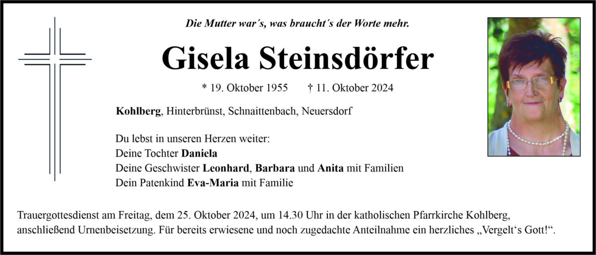 Traueranzeige Gisela Steinsdörfer, Kohlberg