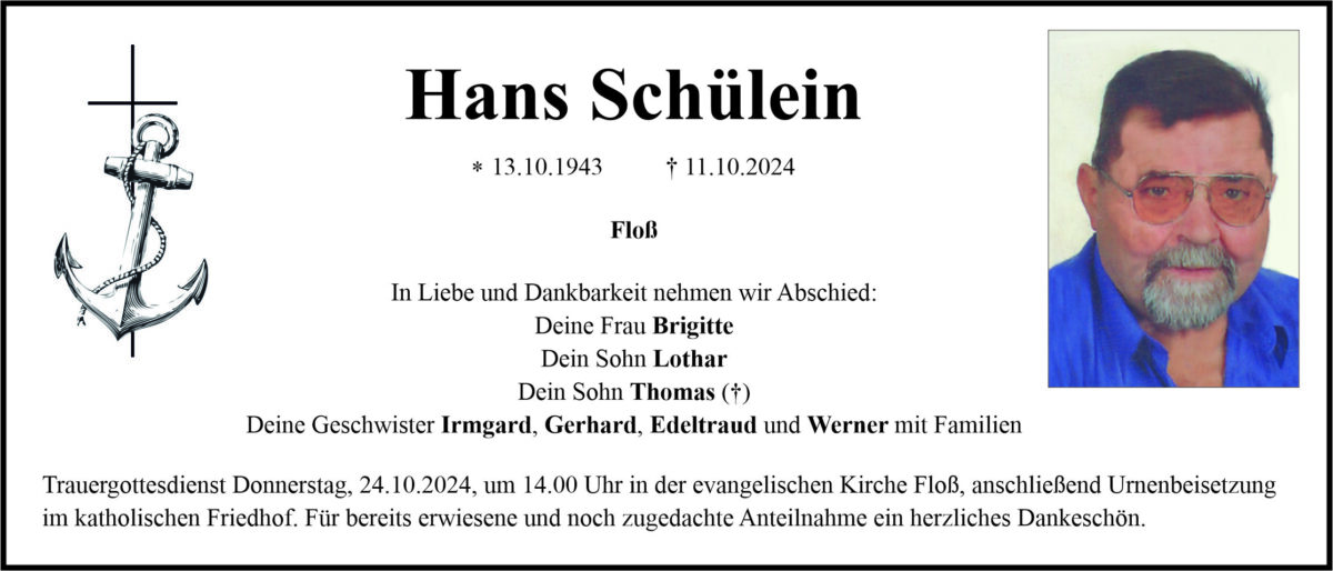 Traueranzeige Hans Schülein, Floß
