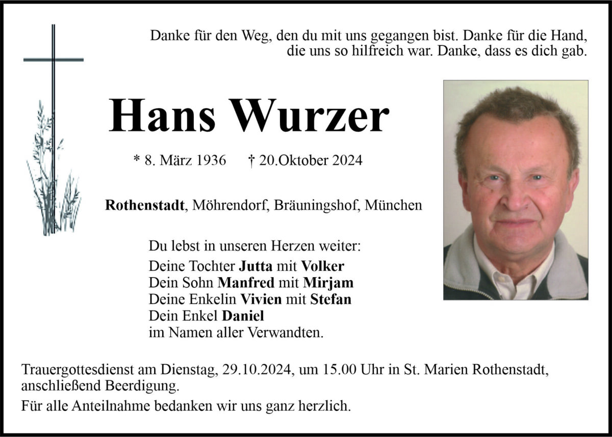 Traueranzeige Hans Wurzer, Rothenstadt