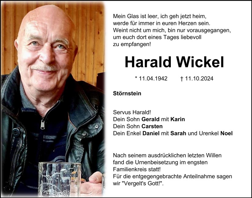 Traueranzeige Harald Wickel, Störnstein