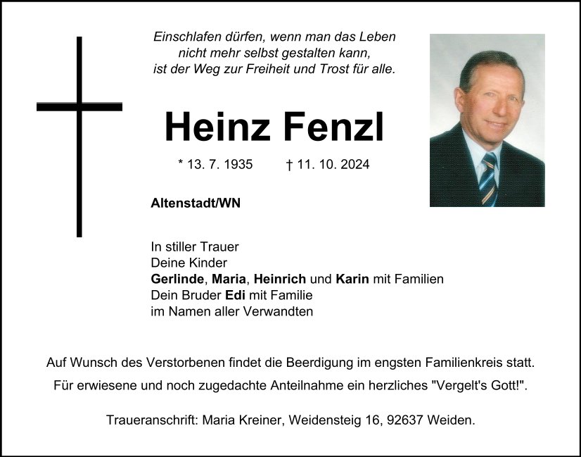Traueranzeige Heinz Fenzl, Altenstadt/WN