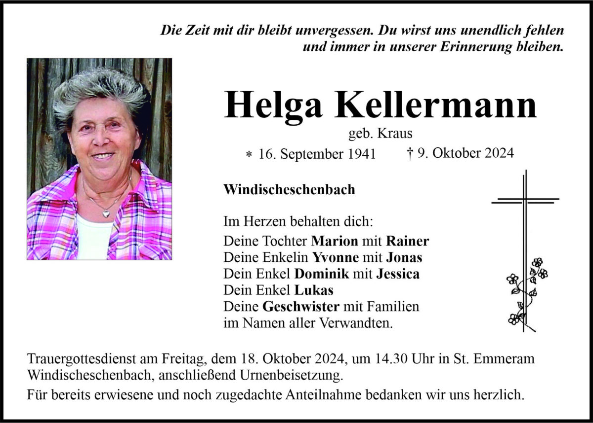 Traueranzeige Helga Kellermann, Windischeschenbach