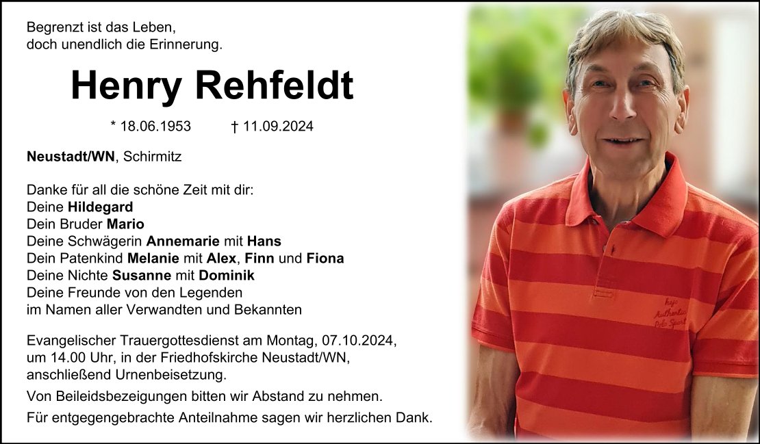 Traueranzeige Henry Rehfeldt, Neustadt/WN