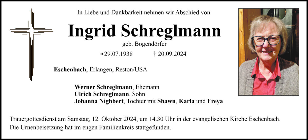 Traueranzeige Ingrid Schreglmann, Eschenbach