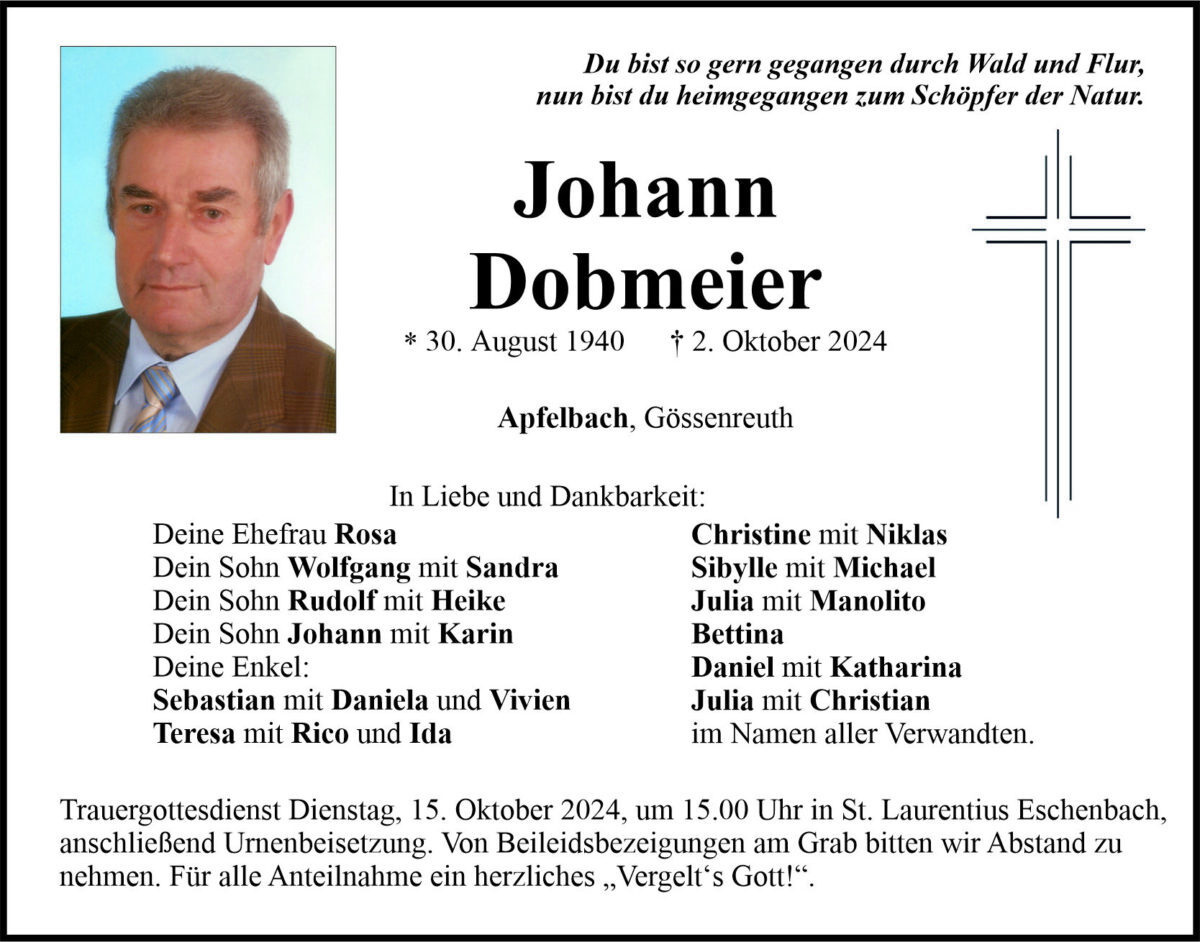 Traueranzeige Johann Dobmeier, Apfelbach