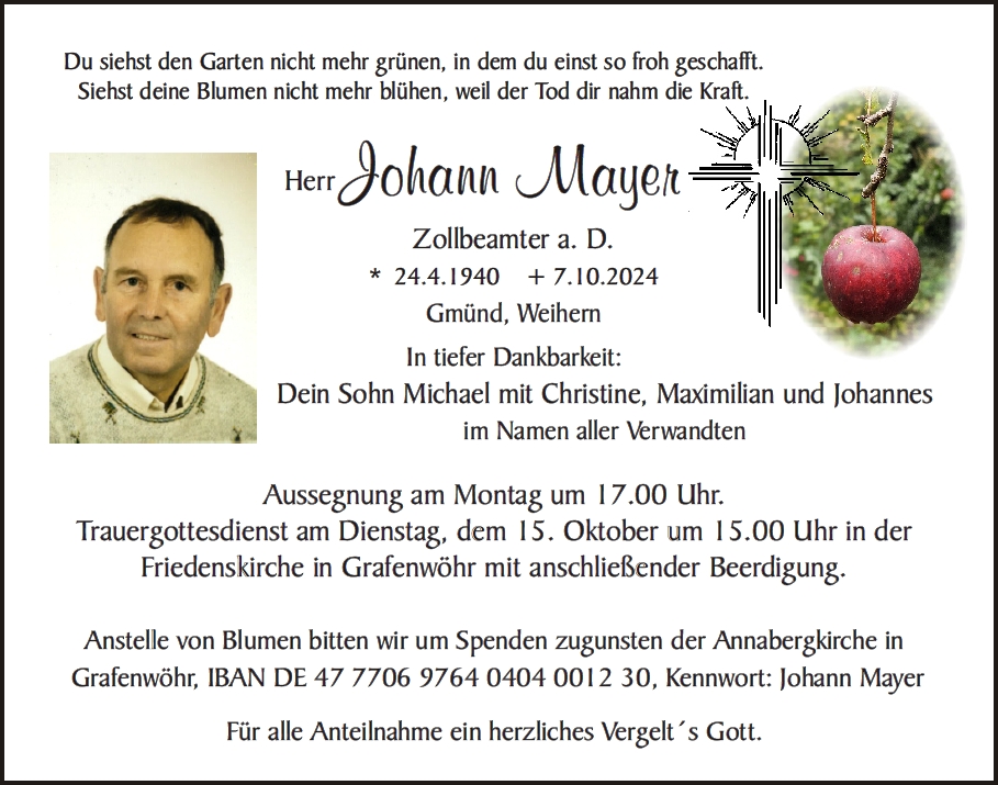 Traueranzeige Johann Mayer, Gmünd