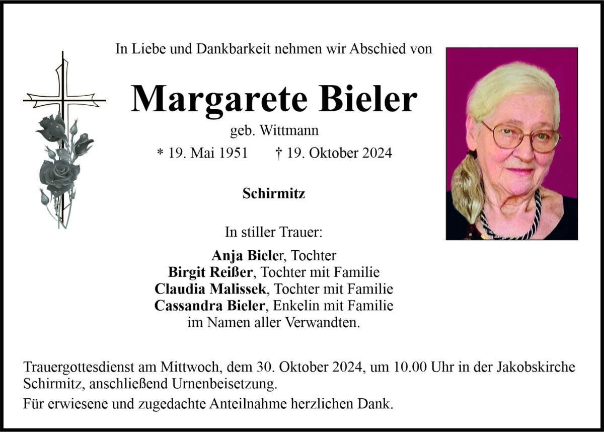 Traueranzeige Margarete Bieler, Schirmitz
