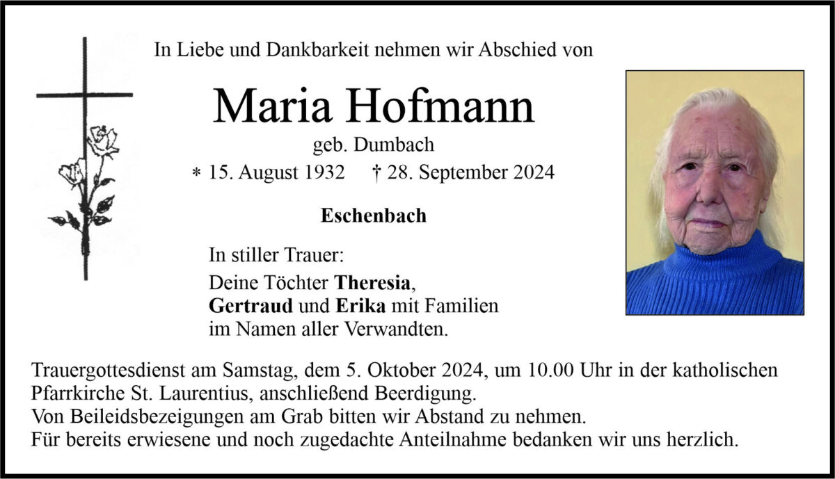 Traueranzeige Maria Hofmann, Eschenbach