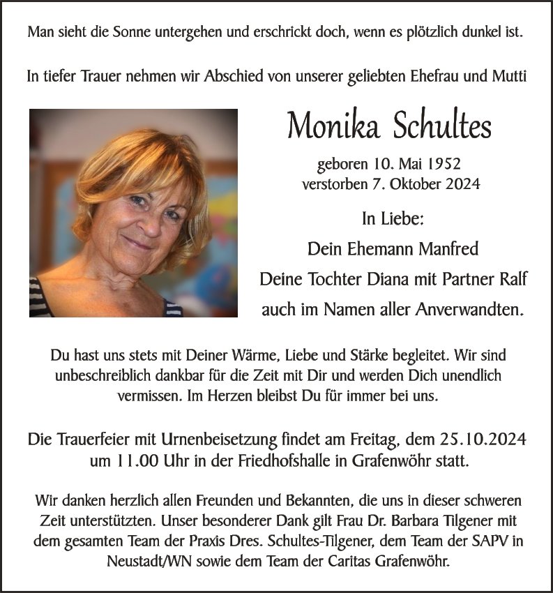 Traueranzeige Monika Schultes, Grafenwöhr