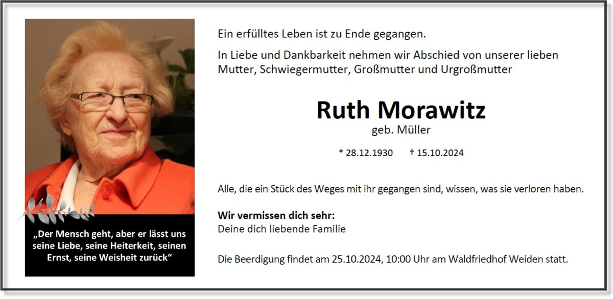 Traueranzeige Ruth Morawitz, Weiden