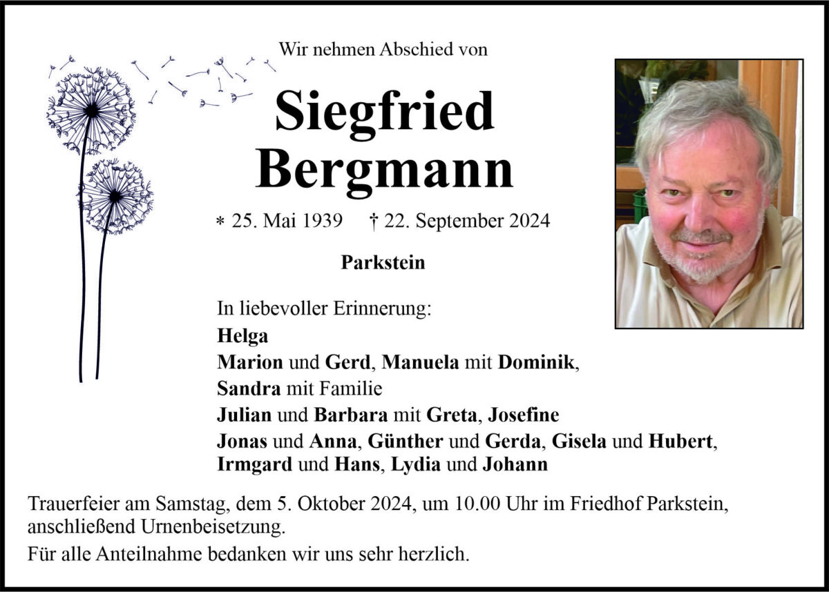 Traueranzeige Siegfried Bergmann, Parkstein