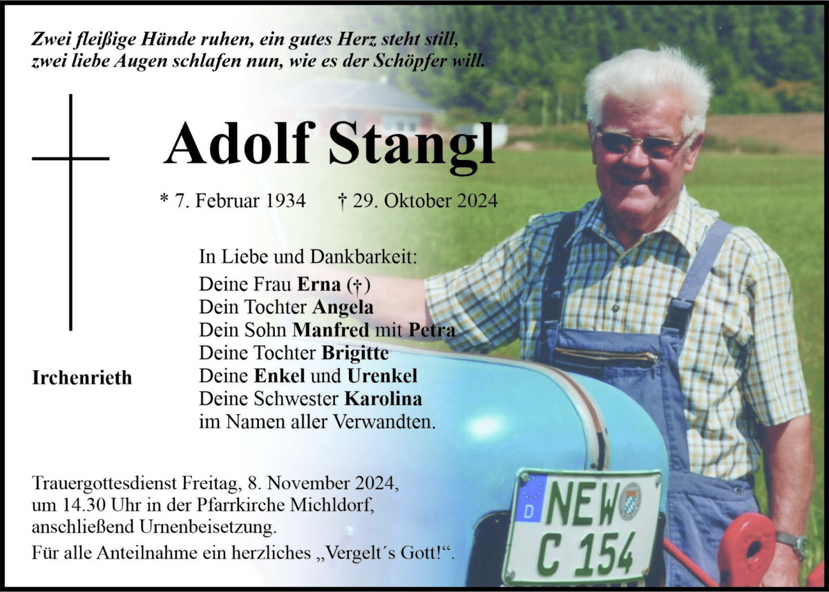 Traueranzeige Adolf Stangl, Irchenrieth