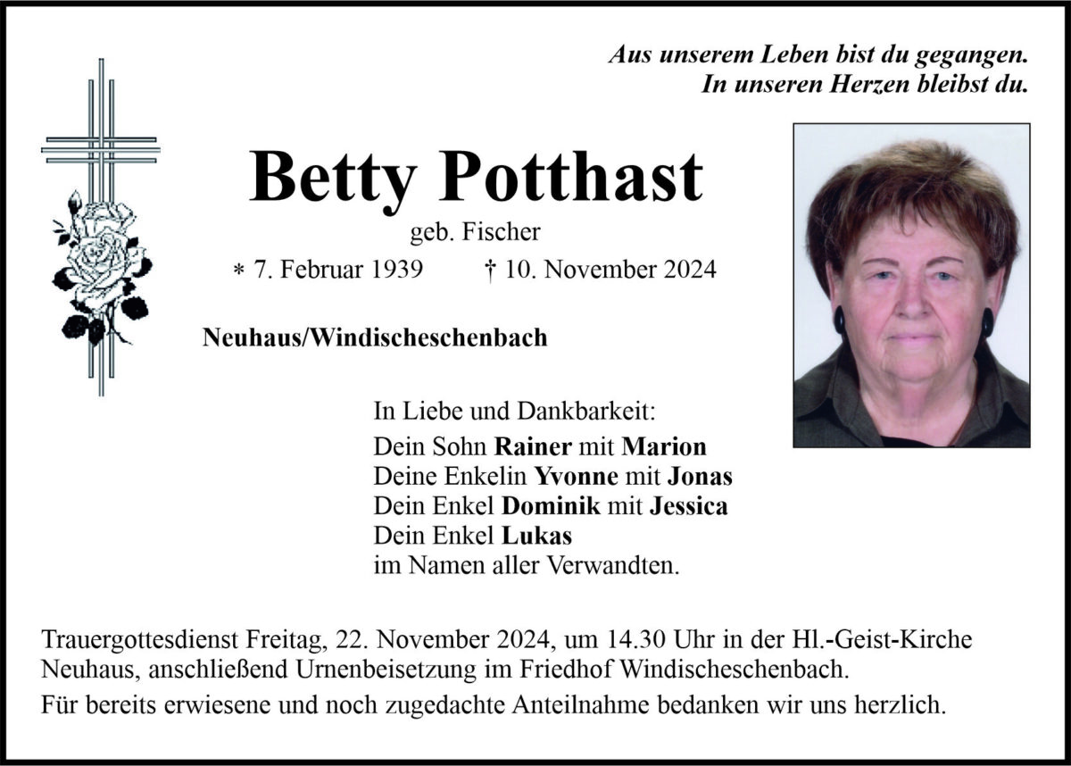 Traueranzeige Betty Potthast, Neuhaus/Windischeschenbach