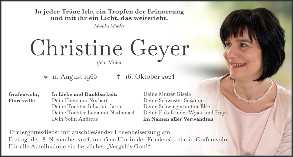 Traueranzeige Christine Geyer, Grafenwöhr