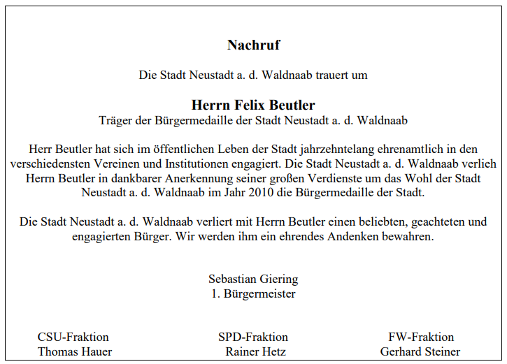 Nachruf Felix Beutler, Neustadt/WN
