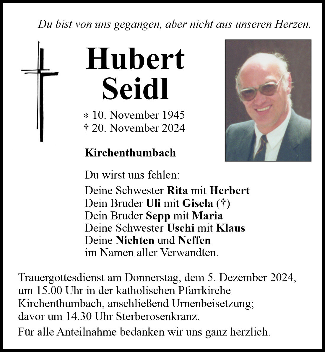 Traueranzeige Hubert Seidl, Kirchenthumbach