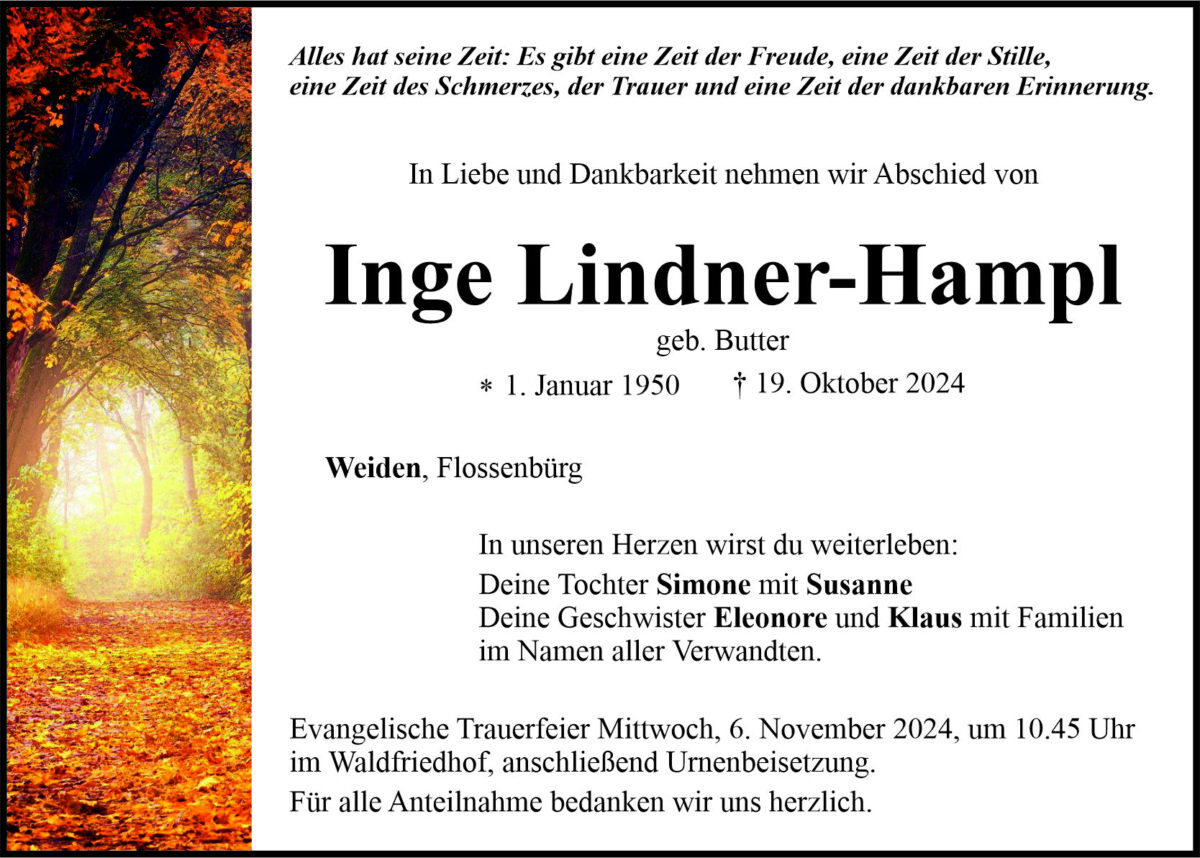 Traueranzeige Inge Lindner-Hampl, Weiden