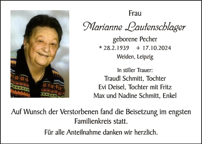 Traueranzeige Marianne Lautenschlager, Weiden