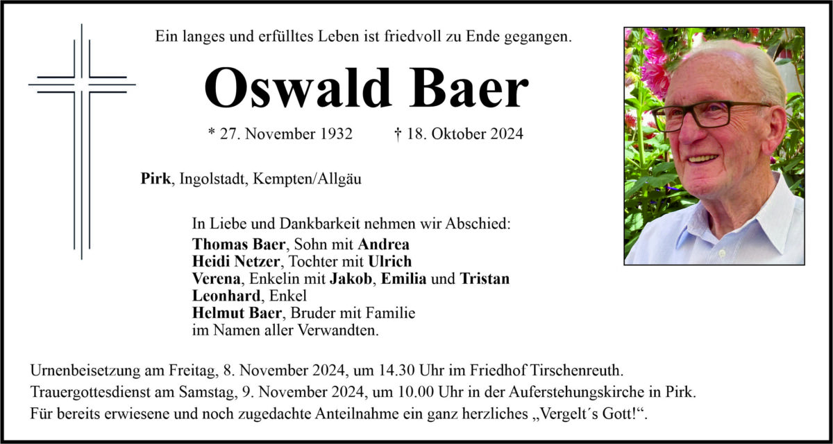 Traueranzeige Oswald Baer, Pirk